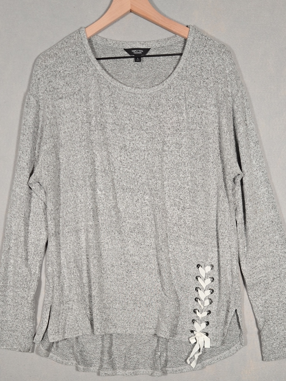 Lightweight Scoop Neck Lace-Up Hem Sweater - Gray